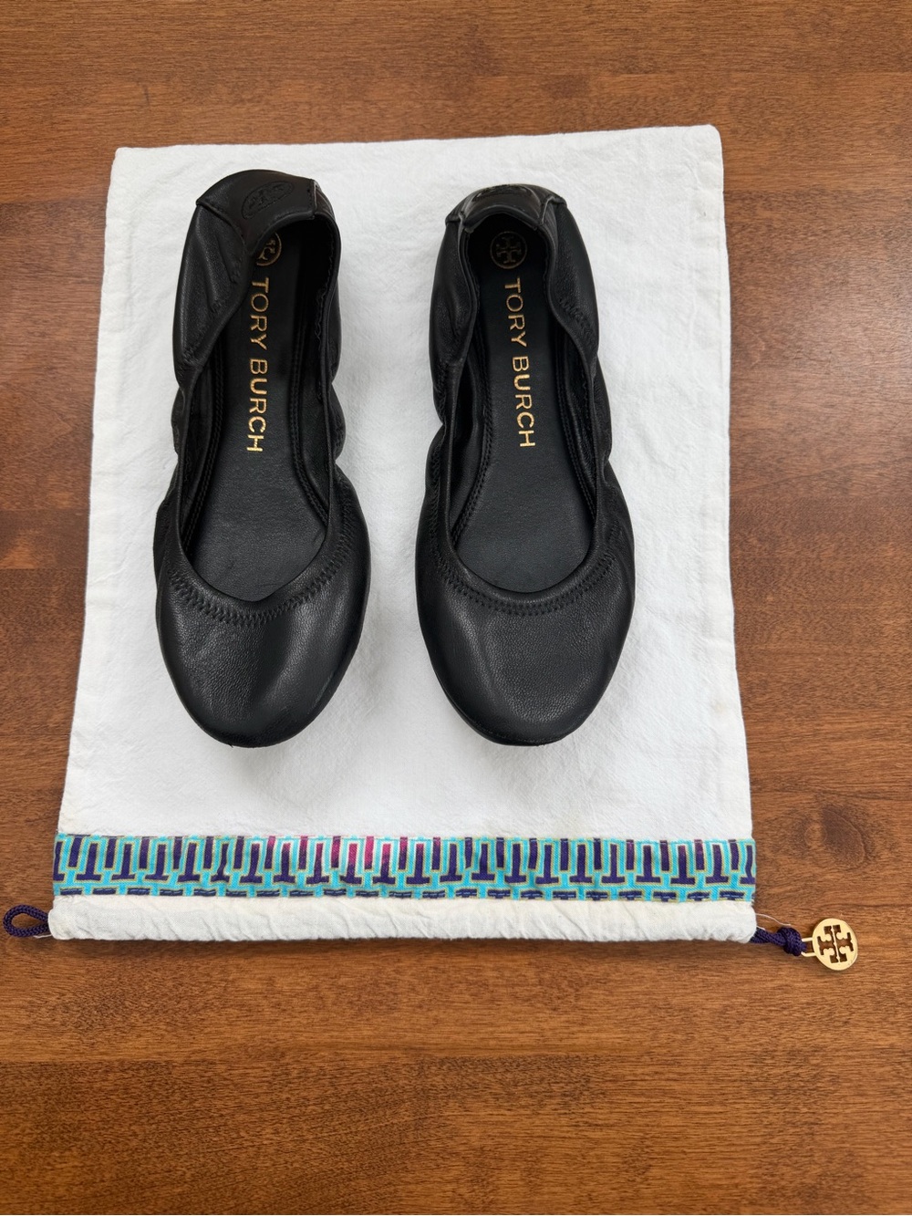 Tory Burch Black Eddie 2.0 Leather Ballet Flats with Dust Bag Size 7